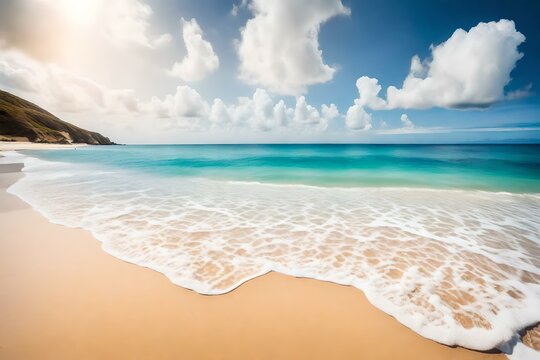 summer beach with sand sea side and seascape view , blue sky with clouds