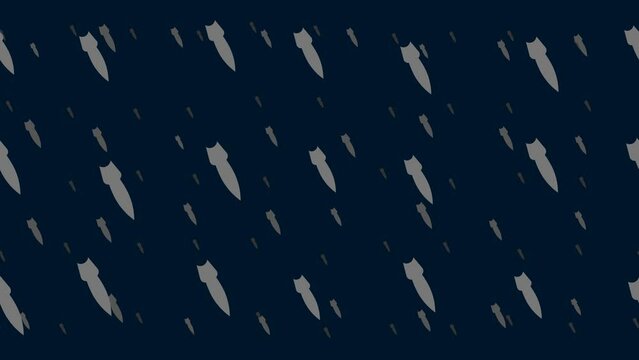 Falling rocket symbols float horizontally from left to right. Parallax fly effect. Floating symbols are located randomly. Seamless looped 4k animation on dark blue background