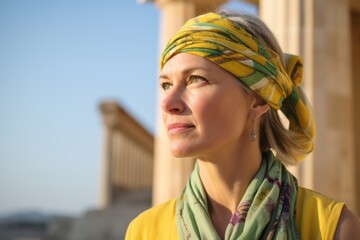 Photography in the style of pensive portraiture of a blissful mature woman wearing a colorful bandana at the acropolis in athens greece. With generative AI technology