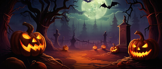 Fototapeta premium Happy Halloween background spooky scene, creepy dark night with moon, pumpkins and spooky trees on graveyard ghosts horror gothic evil cemetery landscape. Mysterious night moonlight backdrop.