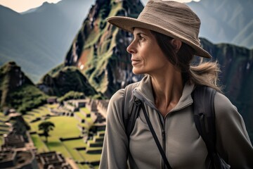 Lifestyle portrait photography of a content mature woman wearing a cool snapback hat at the machu picchu in cusco region peru. With generative AI technology - obrazy, fototapety, plakaty