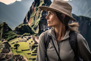 Crédence de cuisine en verre imprimé Machu Picchu Lifestyle portrait photography of a content mature woman wearing a cool snapback hat at the machu picchu in cusco region peru. With generative AI technology