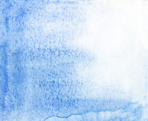Abstract watercolor background with blue textured water paint on white