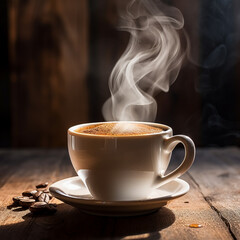 -illustration of a steaming espresso shot in a ceramic cup on a rustic wooden table
