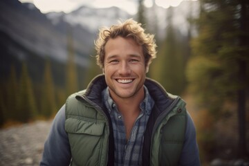 Headshot portrait photography of a blissful boy in his 30s wearing a rugged jean vest at the banff national park in alberta canada. With generative AI technology
