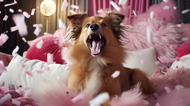 Playful Dog With A Wagging Tail Amidst The Aftermath Of A Messy Pillow Fight, With Feathers Floating In The Air.