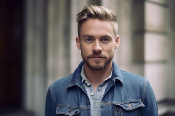 Obraz premium Headshot portrait photography of a tender boy in his 30s wearing a versatile denim shirt at the buckingham palace in london england. With generative AI technology