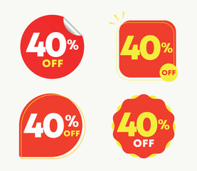 40% off. Tag special offer, sticker. Banner with forty percent off price, value. Advertising for sales, promotion, discount, shop. Red and yellow balloon. Vector, illustration, icon