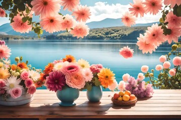 The blurred lake and mountain view backdrop accentuates the floral centerpiece. for product display