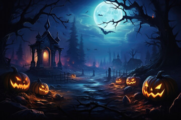 Halloween spooky background, scary jack o lantern pumpkins in creepy dark forest with bats, spooky trees, moon and old house Happy Haloween ghosts horror gothic mysterious night moonlight backdrop.