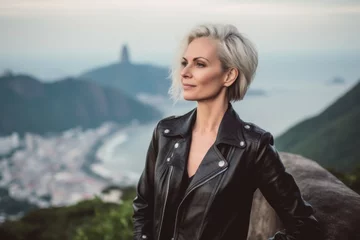 Stoff pro Meter Medium shot portrait photography of a blissful mature woman wearing a stylish leather blazer at the christ the redeemer in rio de janeiro brazil. With generative AI technology © Markus Schröder