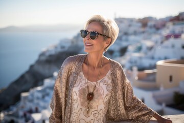 Medium shot portrait photography of a glad mature woman wearing a glamorous sequin top at the santorini island greece. With generative AI technology