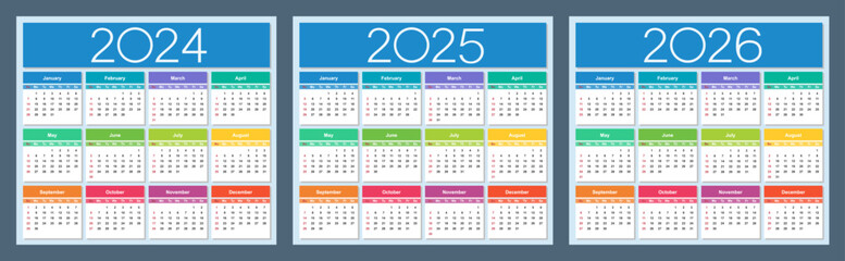 Colorful calendar for 2024, 2025 and 2026 years. Week starts on Sunday. Isolated vector illustration. - obrazy, fototapety, plakaty