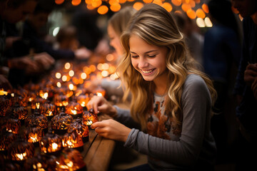 Obraz na płótnie Canvas Families gather for pumpkin carving: artistry, creativity, and warm autumn connections. 