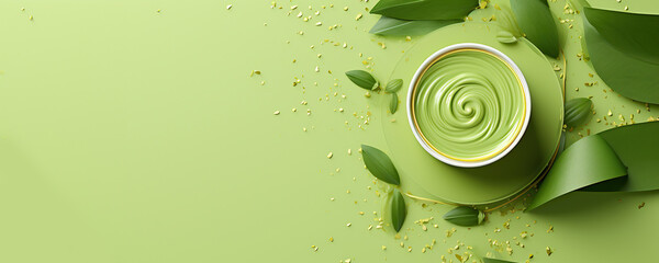 matcha cream on green background, skin care cream, green tea moisturizer