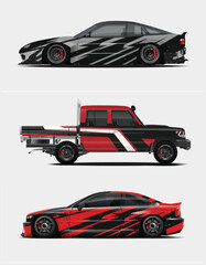  car graphic livery design vector. Graphic abstract stripe racing background designs for wrap cargo van, race car, pickup truck