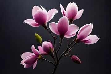 Pink spring magnolia flowers on a single branch with black background