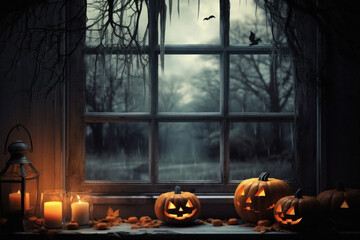 Fototapeta premium Happy Halloween background spooky scene, creepy dark night with jack o lantern pumpkins spooky ghosts horror gothic evil mysterious night haunted haloween house backdrop.