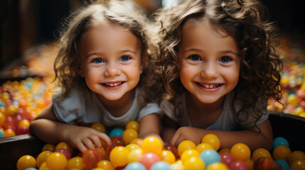Fototapeta na wymiar Portrait of two adorable little sisters playing with colorful balls in playground.