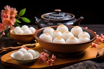 tang yuan - dessert, sweet glutinous rice balls. Chinese food - obrazy, fototapety, plakaty