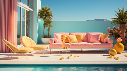 Obraz premium A chromatic, glamorous poolside lounge area in a playful, surreal style. The poolside oasis is filled with bright sunlight