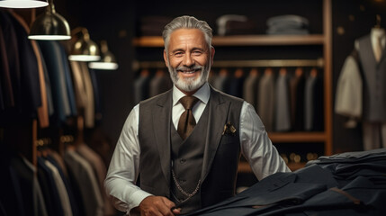 Handsome mature man suit tailor working in the shop
