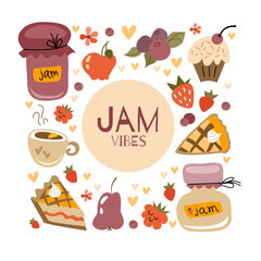 Set of berries jams in glass jars in flat style. Perfect for scrapbooking, greeting card, party invitation, poster, tag, sticker kit.