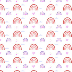 Minimalistic cute seamless pattern of scandinavian rainbows. Vector illustration in pastel pink and lilac  on a white background. For textile, print decor, childish wallpapers, gift paper, posters