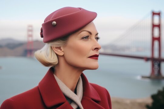 Environmental portrait photography of a tender mature woman wearing a sophisticated pillbox hat at the golden gate bridge in san francisco usa. With generative AI technology