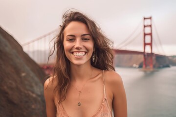 Lifestyle portrait photography of a grinning girl in his 20s wearing a lace bralette at the golden gate bridge in san francisco usa. With generative AI technology