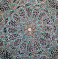 Enamelled tiles mosaic on the ceiling of Tomb of Hafez in shiraz, Iran
