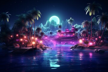 Neon lights on dark water near stage and beach party. 3D illustration. Generative AI