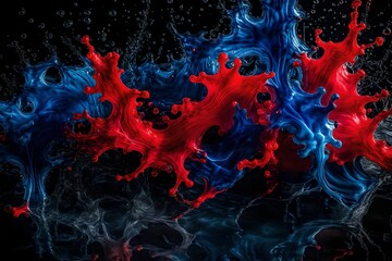 Vibrant acrylic blue and red colors blend together in water, creating a captivating ink blot on a mysterious black background