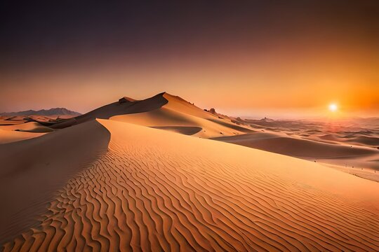 the desert stretches into eternity. Sand dunes rise like ancient monuments, their contours sculpted by the ever-shifting winds. 