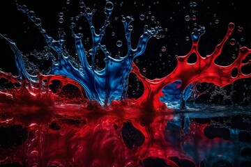 Vibrant acrylic blue and red colors blend together in water, creating a captivating ink blot on a mysterious black background