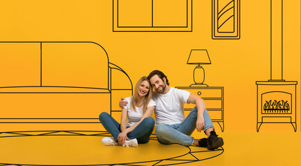 Positive millennial caucasian couple hug on floor, dreams of own home, isolated on orange background