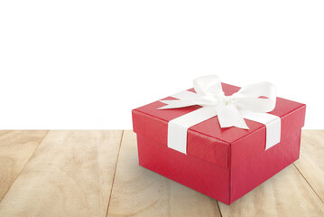 red gift box with white ribbon bow on desk floor isolated on transparent