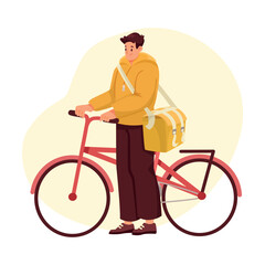 Obraz premium Man Delivery Courier with Bag and Bicycle Vector Illustration