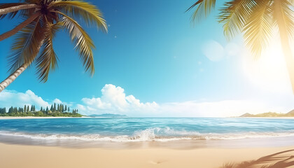 Fototapeta na wymiar Beautiful sunny day at golden beach with crystal clear water - Generativ AI
