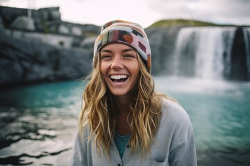 Lifestyle portrait photography of a joyful girl in her 40s wearing a cool snapback hat at the blue lagoon in reykjavik iceland. With generative AI technology - obrazy, fototapety, plakaty