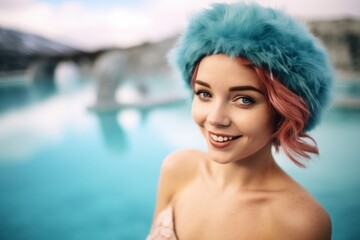 Environmental portrait photography of a joyful girl in her 20s wearing a fancy fascinator at the blue lagoon in reykjavik iceland. With generative AI technology - obrazy, fototapety, plakaty