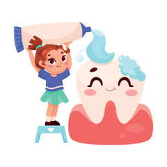 Dental Care with Little Girl Cleaning Big Tooth with Toothpaste Vector Illustration