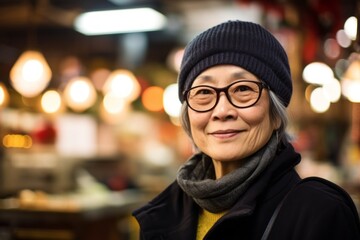 Headshot portrait photography of a blissful mature woman wearing a stylish beret at the tsukiji fish market in tokyo japan. With generative AI technology