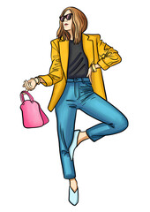 Fashionista girl in a yellow jacket and blue jeans fashion illustration isolated on transparent background