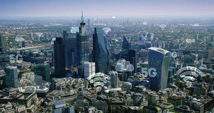 
AI Big Data Wifi Network 5G Application Panoramic Aerial Skyline of London, England. Smart City Holograms, World of Tomorrow, Wireless Network, Mobile Technology, Data Communication, Cloud Computing,