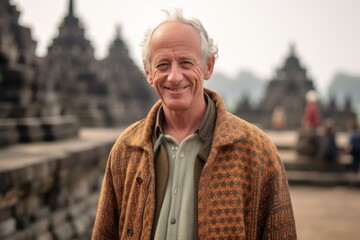Lifestyle portrait photography of a grinning mature man wearing a chic cardigan at the borobudur temple in magelang indonesia. With generative AI technology - obrazy, fototapety, plakaty
