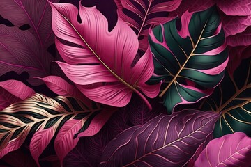 Background of colored tropical leaves. Exotic jungle design