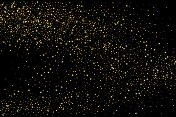 Gold glitter confetti on a black background. Shiny particles scattered, sand. Decorative element. Luxury background for your design, cards, invitations, vector
