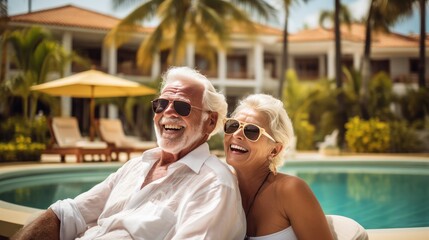 Obraz premium Vacation grandparents Snapshot of aged cheerful couple husband wife embrace enjoy vacation