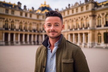 Headshot portrait photography of a content boy in his 30s wearing a chic cardigan at the palace of versailles in versailles france. With generative AI technology